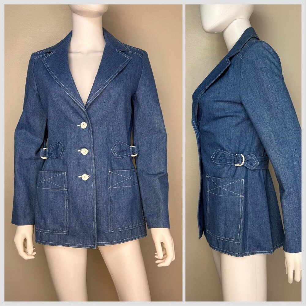 Vintage 1970s Denim Blazer Jacket, Jack Winter Size Small, Side Buckles